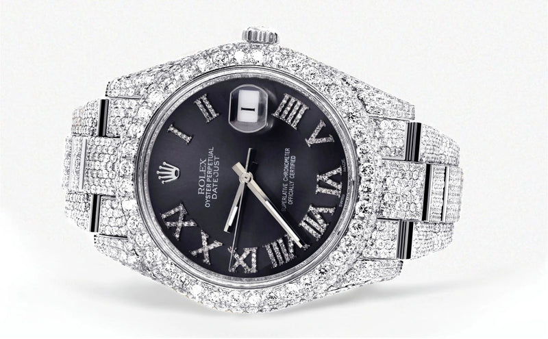 Womens Diamond Iced Out Rolex Datejust 41 | 25 Carats Of Diamonds | Custom Grey Roman Numeral Diamond Dial | Two Row | Oyster Band