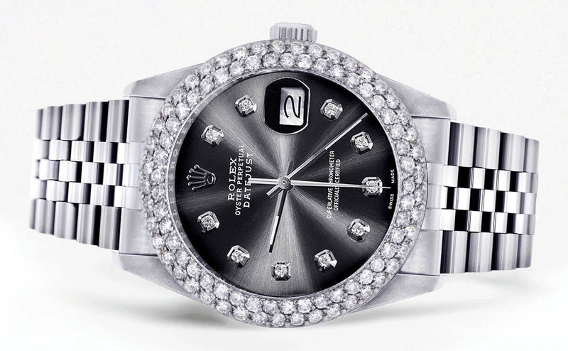 Mens Rolex Datejust Watch 16200 | 36Mm | Graphite Dial | Two Row 4.25 Carat Bezel | Jubilee Band