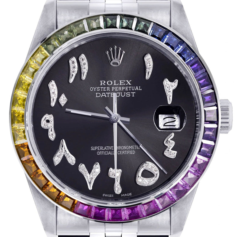 Diamond Gold Rolex Watch For Men 16200 | 36Mm | Rainbow Sapphire Bezel | Black Graphite Arabic Numeral Dial | Jubilee Band