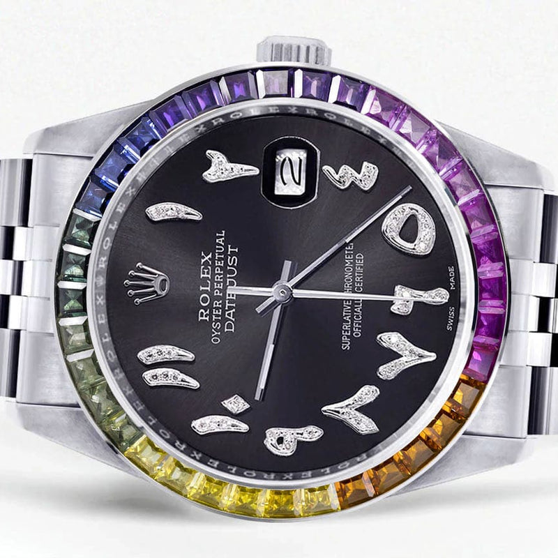Diamond Gold Rolex Watch For Men 16200 | 36Mm | Rainbow Sapphire Bezel | Black Graphite Arabic Numeral Dial | Jubilee Band