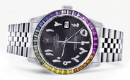 Diamond Gold Rolex Watch For Men 16200 | 36Mm | Rainbow Sapphire Bezel | Black Graphite Arabic Numeral Dial | Jubilee Band