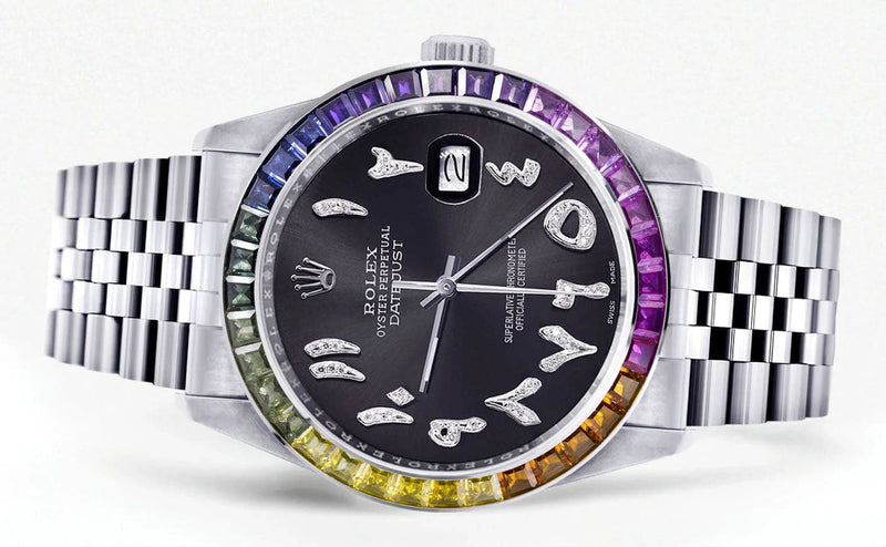 Diamond Gold Rolex Watch For Men 16200 | 36Mm | Rainbow Sapphire Bezel | Black Graphite Arabic Numeral Dial | Jubilee Band