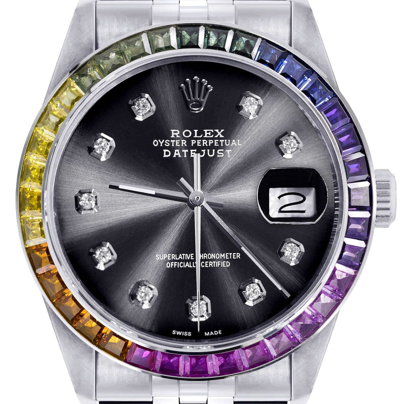 Diamond Gold Rolex Watch For Men 16200 | 36Mm | Rainbow Sapphire Bezel | Jet Black Dial | Jubilee Band