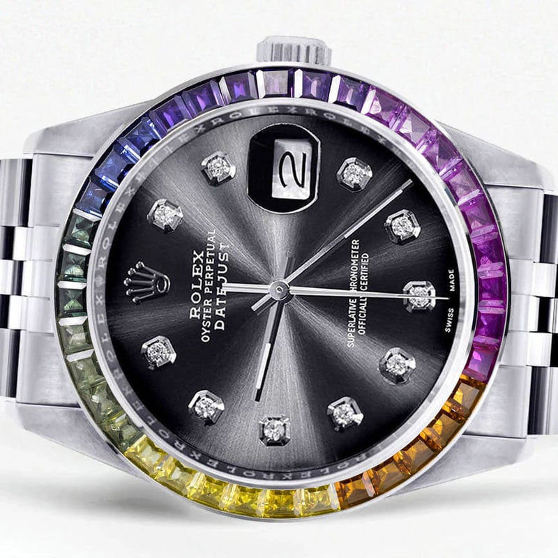 Diamond Gold Rolex Watch For Men 16200 | 36Mm | Rainbow Sapphire Bezel | Jet Black Dial | Jubilee Band