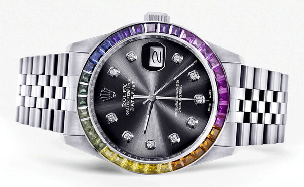 Diamond Gold Rolex Watch For Men 16200 | 36Mm | Rainbow Sapphire Bezel | Jet Black Dial | Jubilee Band