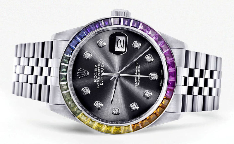 Diamond Gold Rolex Watch For Men 16200 | 36Mm | Rainbow Sapphire Bezel | Jet Black Dial | Jubilee Band