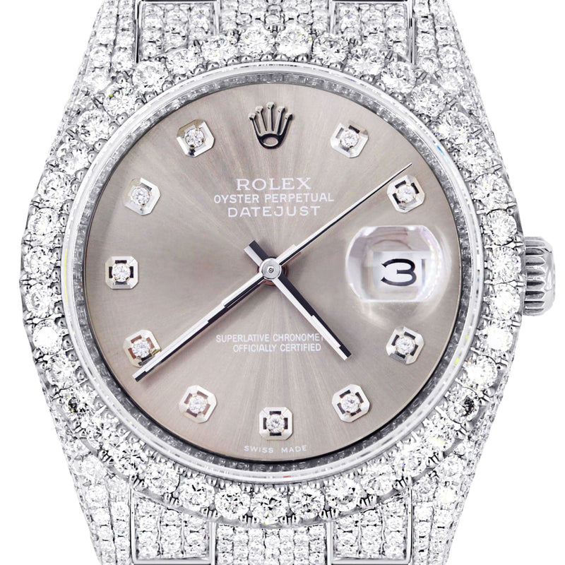 Iced Out Rolex Datejust 36 MM | Stainless Steel | 16.5 Carats of Diamonds | Grey Diamond Dial | Oyster Band | Model 116200