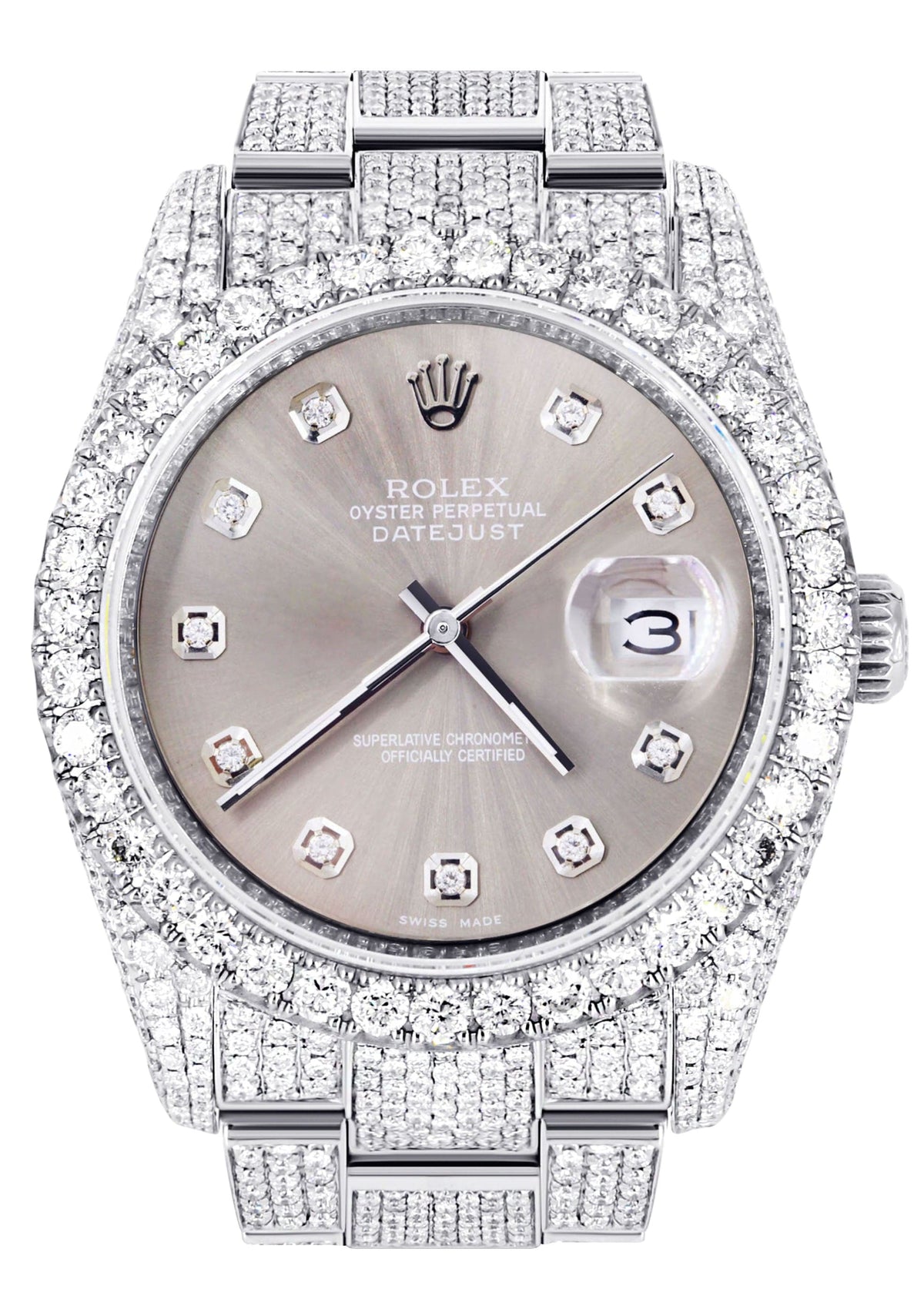 Iced Out Rolex Datejust 36 MM | Stainless Steel | 16.5 Carats of Diamonds | Grey Diamond Dial | Oyster Band | Model 116200