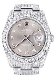 Iced Out Rolex Datejust 36 MM | Stainless Steel | 16.5 Carats of Diamonds | Grey Diamond Dial | Oyster Band | Model 116200