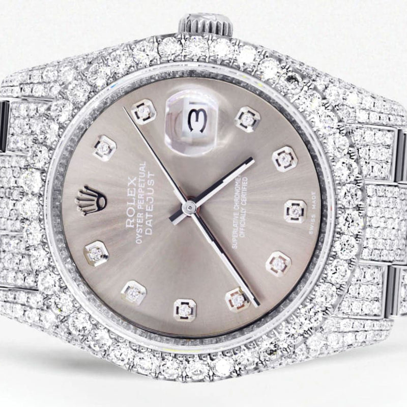 Iced Out Rolex Datejust 36 MM | Stainless Steel | 16.5 Carats of Diamonds | Grey Diamond Dial | Oyster Band | Model 116200