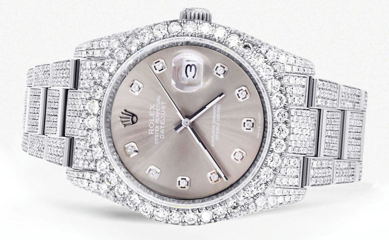 Iced Out Rolex Datejust 36 MM | Stainless Steel | 16.5 Carats of Diamonds | Grey Diamond Dial | Oyster Band | Model 116200