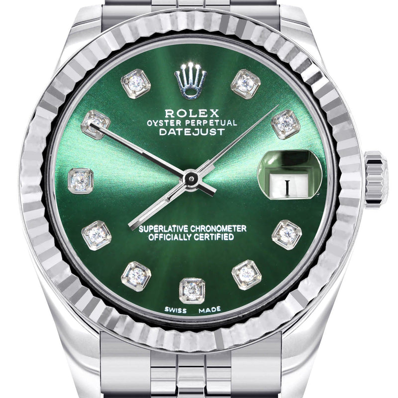 Diamond Rolex Watch | 68274 | Fluted Bezel | 31MM | Green Diamond Dial | Jubilee Band