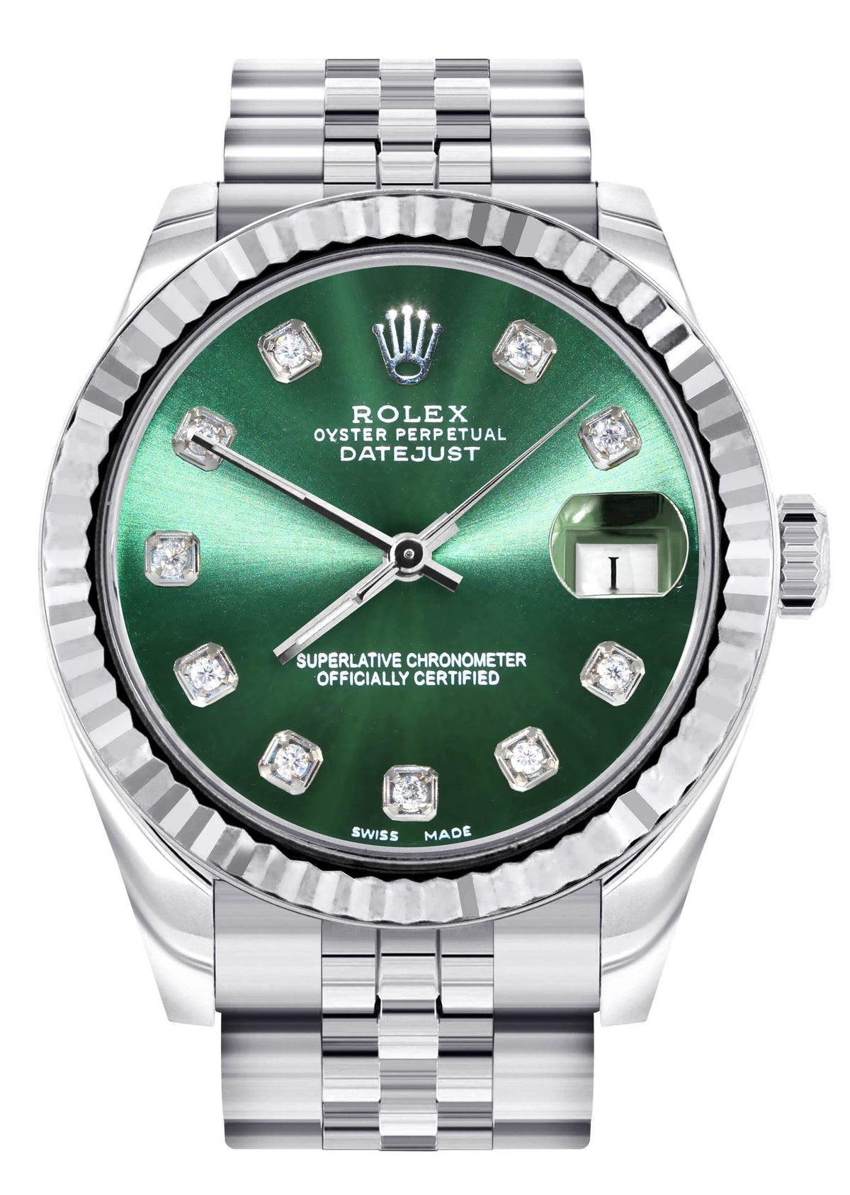 Diamond Rolex Watch | 68274 | Fluted Bezel | 31MM | Green Diamond Dial | Jubilee Band