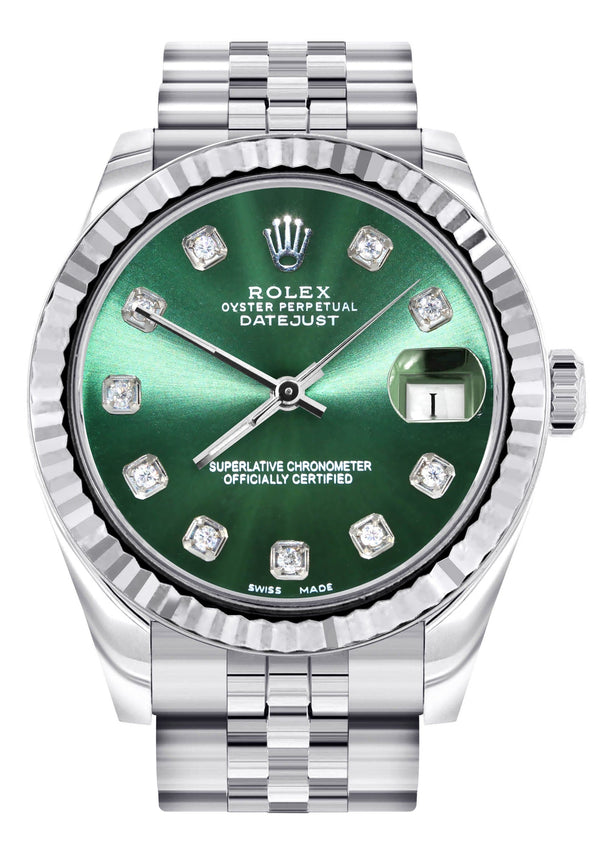 Diamond Rolex Watch | 68274 | Fluted Bezel | 31MM | Green Diamond Dial | Jubilee Band