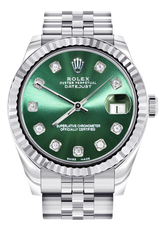 Diamond Rolex Watch | 68274 | Fluted Bezel | 31MM | Green Diamond Dial | Jubilee Band