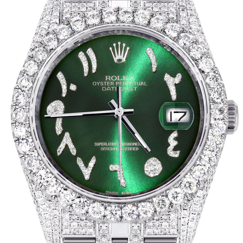 Iced Out Rolex Datejust 36 MM | Stainless Steel | 16.5 Carats of Diamonds | Green Arabic Diamond Dial | Jubilee Band | Model 116200