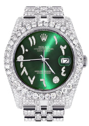 Iced Out Rolex Datejust 36 MM | Stainless Steel | 16.5 Carats of Diamonds | Green Arabic Diamond Dial | Jubilee Band | Model 116200