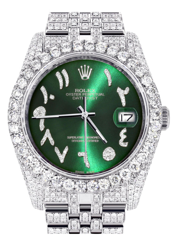 Iced Out Rolex Datejust 36 MM | Stainless Steel | 16.5 Carats of Diamonds | Green Arabic Diamond Dial | Jubilee Band | Model 116200