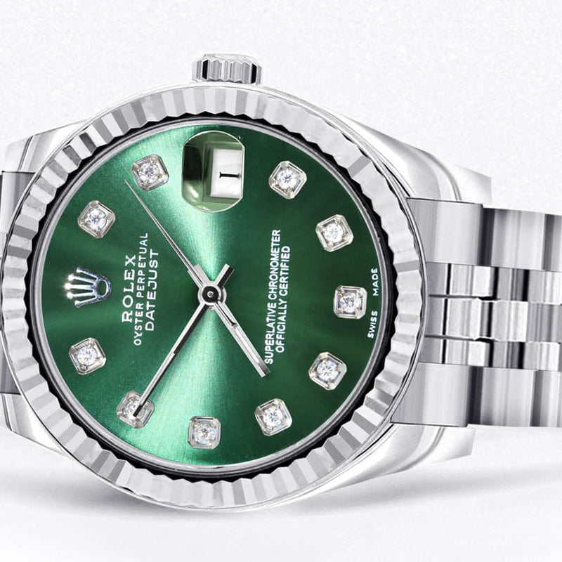 Diamond Rolex Watch | 68274 | Fluted Bezel | 31MM | Green Diamond Dial | Jubilee Band