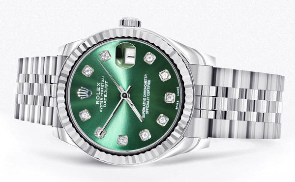 Diamond Rolex Watch | 68274 | Fluted Bezel | 31MM | Green Diamond Dial | Jubilee Band