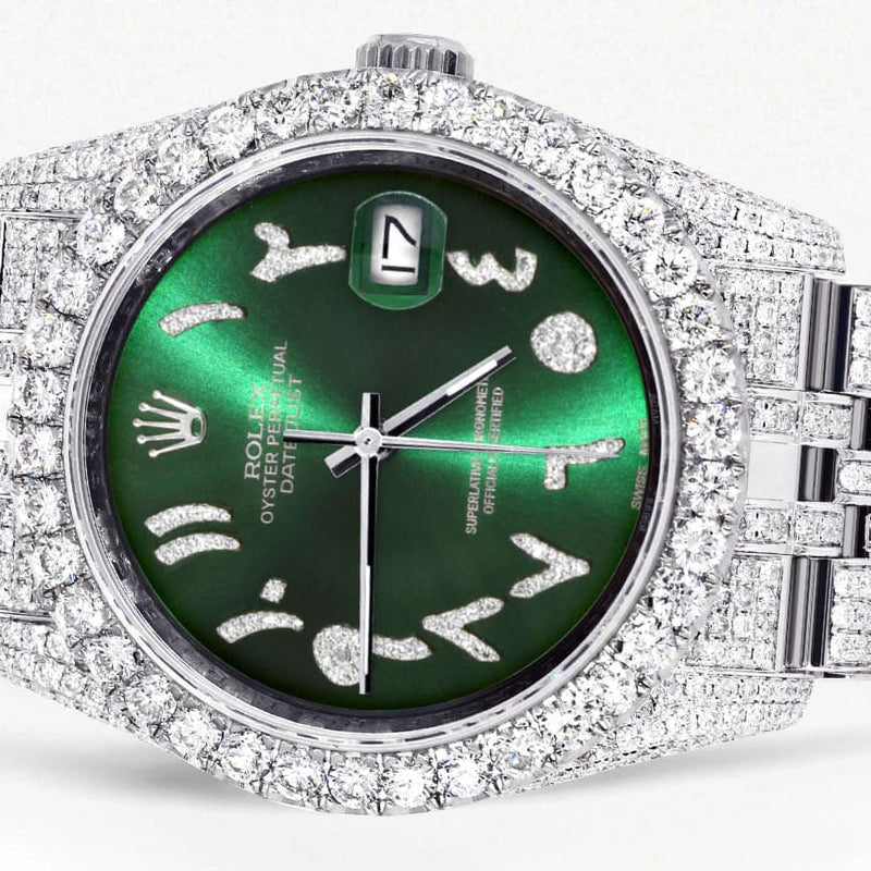 Iced Out Rolex Datejust 36 MM | Stainless Steel | 16.5 Carats of Diamonds | Green Arabic Diamond Dial | Jubilee Band | Model 116200
