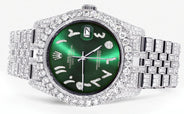 Iced Out Rolex Datejust 36 MM | Stainless Steel | 16.5 Carats of Diamonds | Green Arabic Diamond Dial | Jubilee Band | Model 116200