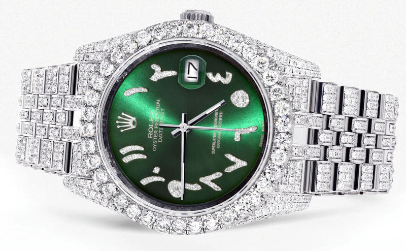 Iced Out Rolex Datejust 36 MM | Stainless Steel | 16.5 Carats of Diamonds | Green Arabic Diamond Dial | Jubilee Band | Model 116200