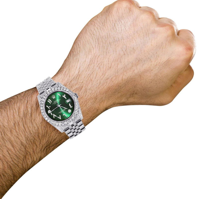 Iced Out Rolex Datejust 36 MM | Stainless Steel | 16.5 Carats of Diamonds | Green Arabic Diamond Dial | Jubilee Band | Model 116200