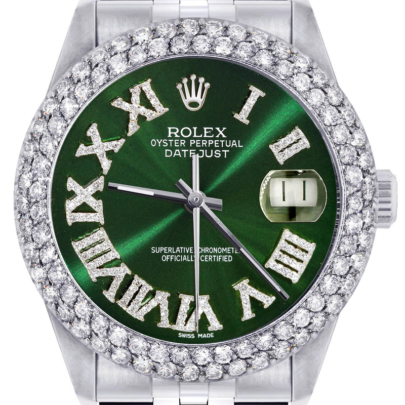 Mens Rolex Datejust Watch 16200 | 36Mm | Green Roman Numeral Dial | Two Row 4.25 Carat Bezel | Jubilee Band