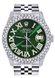 Mens Rolex Datejust Watch 16200 | 36Mm | Green Roman Numeral Dial | Two Row 4.25 Carat Bezel | Jubilee Band