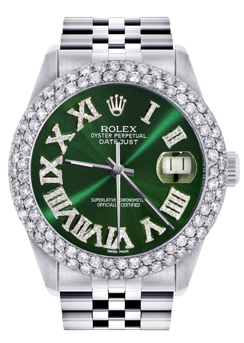 Mens Rolex Datejust Watch 16200 | 36Mm | Green Roman Numeral Dial | Two Row 4.25 Carat Bezel | Jubilee Band