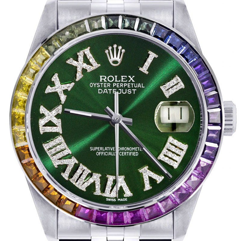 Diamond Gold Rolex Watch For Men 16200 | 36Mm | Rainbow Sapphire Bezel | Green Roman Numeral Dial | Jubilee Band