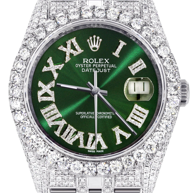 Iced Out Rolex Datejust 36 MM | Stainless Steel | 16.5 Carats of Diamonds | Green Roman Diamond Dial | Jubilee Band | Model 116200
