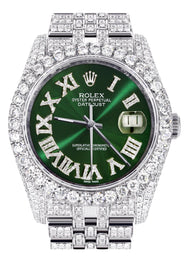 Iced Out Rolex Datejust 36 MM | Stainless Steel | 16.5 Carats of Diamonds | Green Roman Diamond Dial | Jubilee Band | Model 116200
