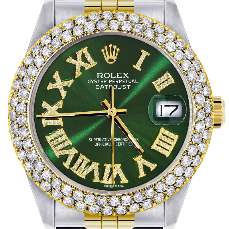 Diamond Gold Rolex Watch For Women 16233 | 36Mm | Green Roman Numeral Dial | Two Row 4.25 Carat Bezel | Jubilee Band