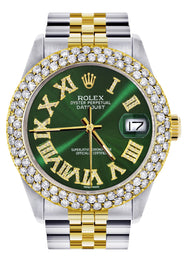 Diamond Gold Rolex Watch For Women 16233 | 36Mm | Green Roman Numeral Dial | Two Row 4.25 Carat Bezel | Jubilee Band