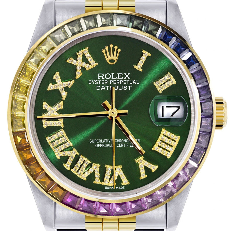 Diamond Gold Rolex Watch For Men 16233 | 36Mm | Rainbow Sapphire Bezel | Diamond Green Roman Numeral Dial | Jubilee Band
