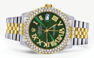 Diamond Gold Rolex Watch For Men 16233 | 36Mm | Green Roman Numeral Dial | Two Row 4.25 Carat Bezel | Jubilee Band