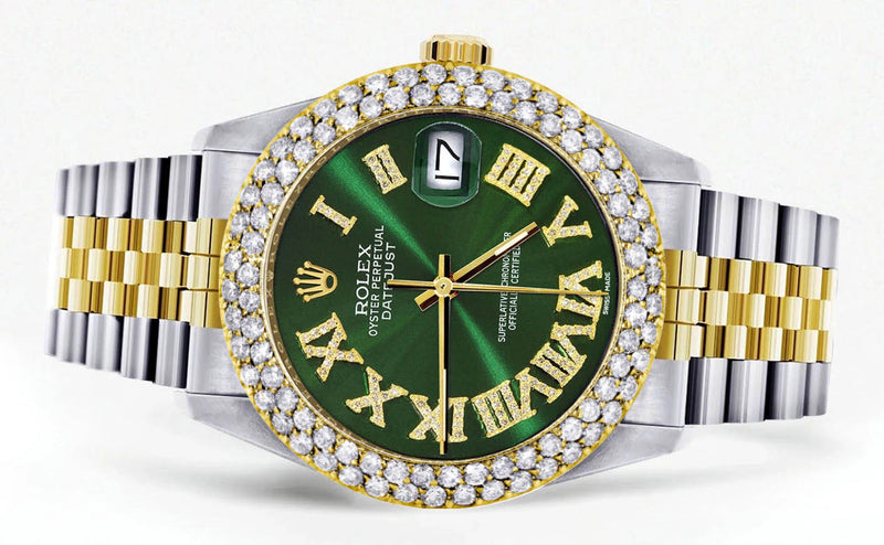 Diamond Gold Rolex Watch For Men 16233 | 36Mm | Green Roman Numeral Dial | Two Row 4.25 Carat Bezel | Jubilee Band