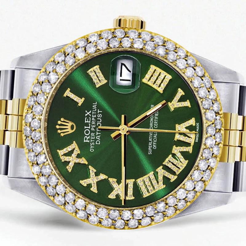 Diamond Gold Rolex Watch For Women 16233 | 36Mm | Green Roman Numeral Dial | Two Row 4.25 Carat Bezel | Jubilee Band