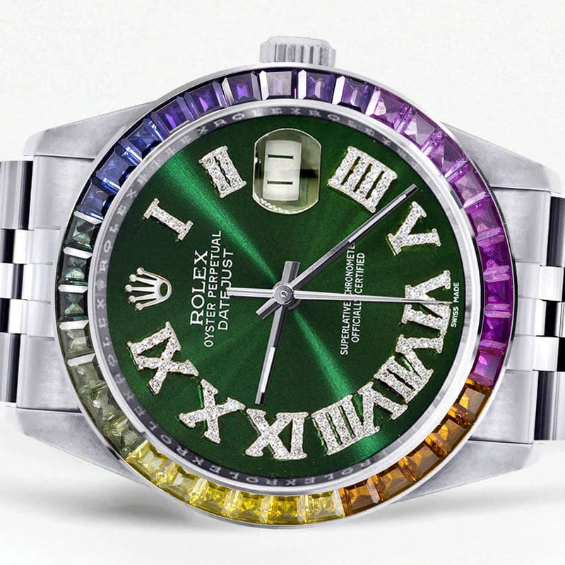Diamond Gold Rolex Watch For Men 16200 | 36Mm | Rainbow Sapphire Bezel | Green Roman Numeral Dial | Jubilee Band