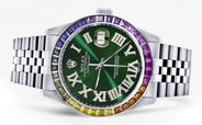 Diamond Gold Rolex Watch For Men 16200 | 36Mm | Rainbow Sapphire Bezel | Green Roman Numeral Dial | Jubilee Band
