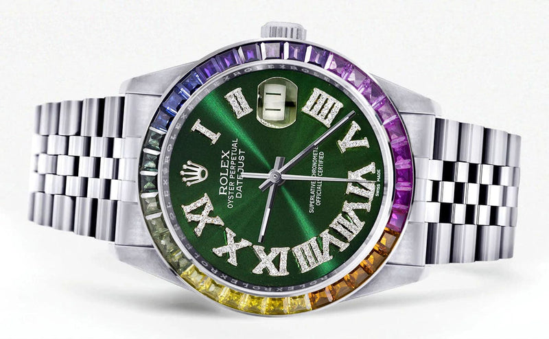 Diamond Gold Rolex Watch For Men 16200 | 36Mm | Rainbow Sapphire Bezel | Green Roman Numeral Dial | Jubilee Band