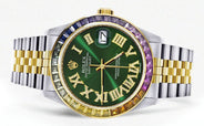 Diamond Gold Rolex Watch For Men 16233 | 36Mm | Rainbow Sapphire Bezel | Diamond Green Roman Numeral Dial | Jubilee Band