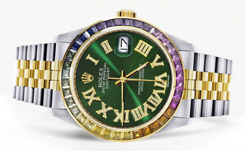 Diamond Gold Rolex Watch For Men 16233 | 36Mm | Rainbow Sapphire Bezel | Diamond Green Roman Numeral Dial | Jubilee Band