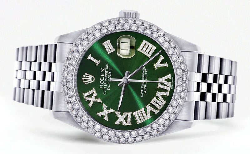 Mens Rolex Datejust Watch 16200 | 36Mm | Green Roman Numeral Dial | Two Row 4.25 Carat Bezel | Jubilee Band