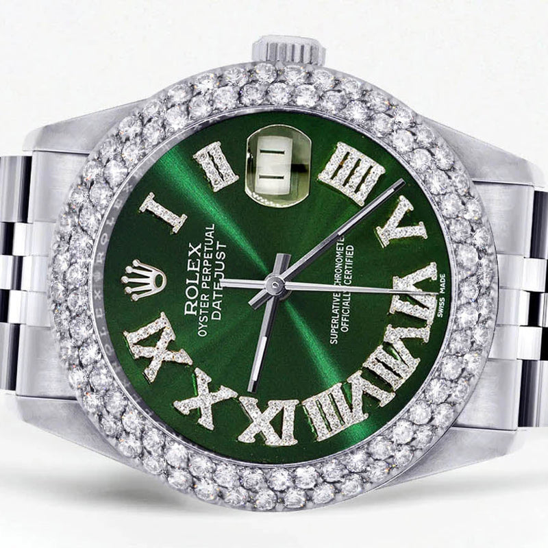Womens Rolex Datejust Watch 16200 | 36Mm | Green Roman Numeral Dial | Two Row 4.25 Carat Bezel | Jubilee Band