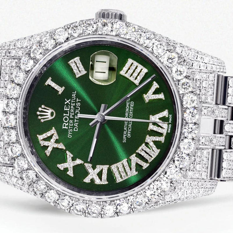 Iced Out Rolex Datejust 36 MM | Stainless Steel | 16.5 Carats of Diamonds | Green Roman Diamond Dial | Jubilee Band | Model 116200