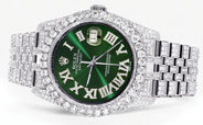 Iced Out Rolex Datejust 36 MM | Stainless Steel | 16.5 Carats of Diamonds | Green Roman Diamond Dial | Jubilee Band | Model 116200