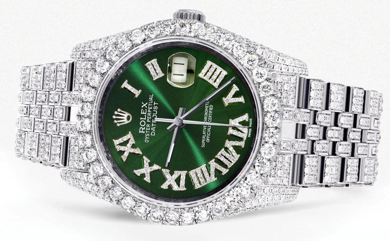 Iced Out Rolex Datejust 36 MM | Stainless Steel | 16.5 Carats of Diamonds | Green Roman Diamond Dial | Jubilee Band | Model 116200